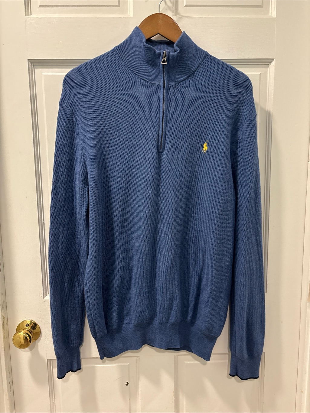 Polo Ralph Lauren 1/4 Zip Sweater Men Large Blue Yellow Pony Pullover Cotton Euc